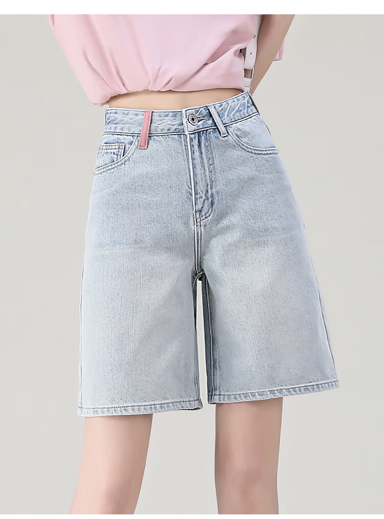 Dme Sweet Cool Girl Style Spring And Summer Contrasting Color Design Denim Knee-Length Pants, Women's Loose Non-Stretch Mid-Length Shorts, Light Blue, Size 30 8