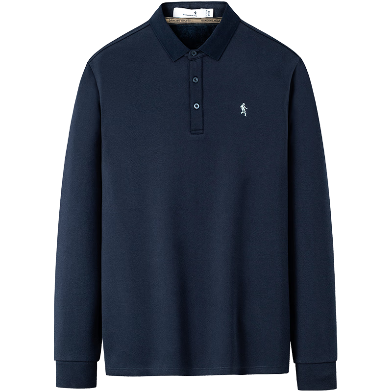 DANCING WOLVES Fleece-Lined Autumn Winter Fashion Business Casual Men's Long Sleeve Polo Shirt 101 Dark Navy Size 185