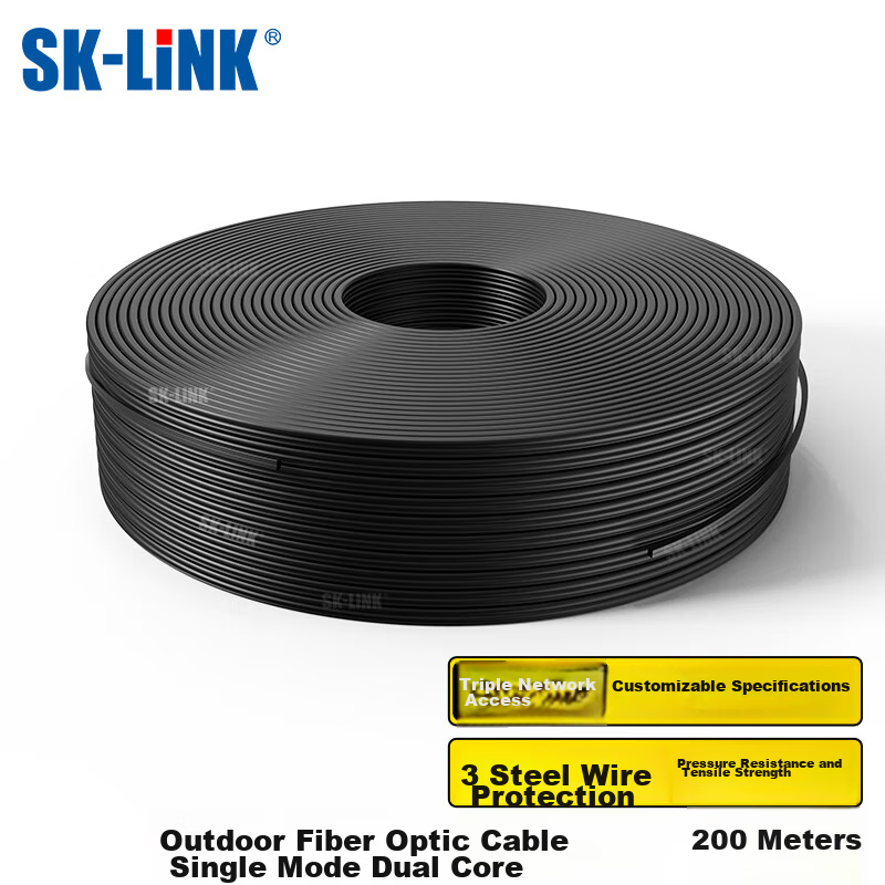 SK-LINK Single-Mode Dual-Core Pigtail Fiber Optic Cable, Outdoor 2-Core 3-Steel Self-Supporting Butterfly Low Smoke Zero Halogen Tail Fiber Optic Cable, Broadband Fiber Optic Home Line, 200 Meters SWGL2SM-200M