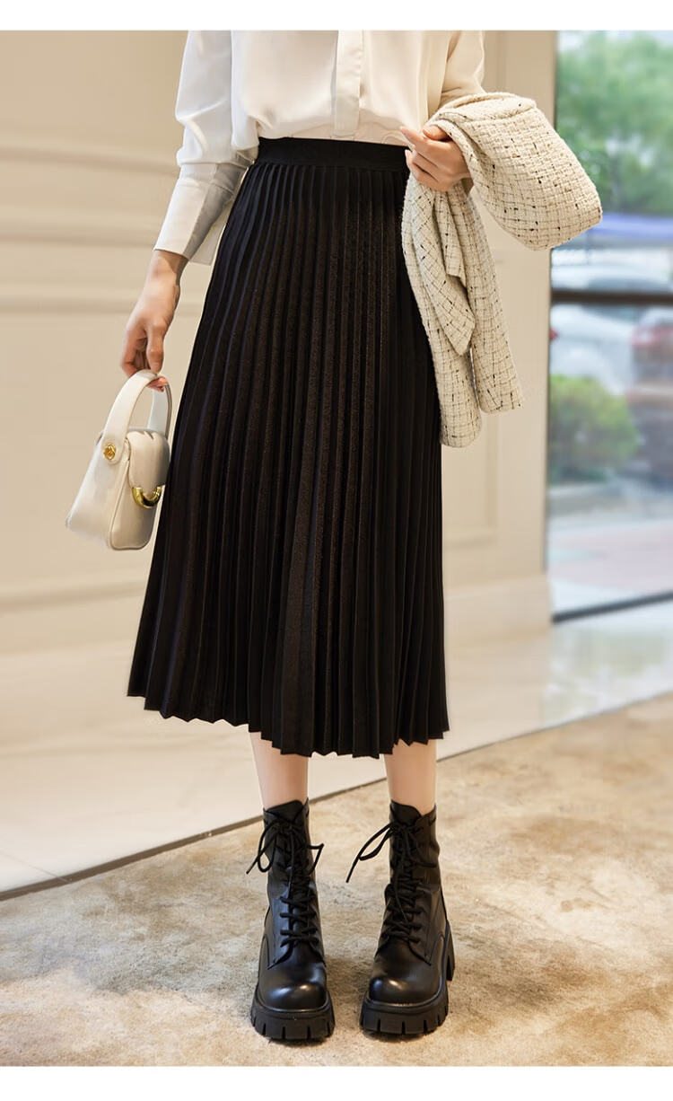 Dme Elastic Waist Casual Elegant Pleated Skirt, Black, Size M 15
