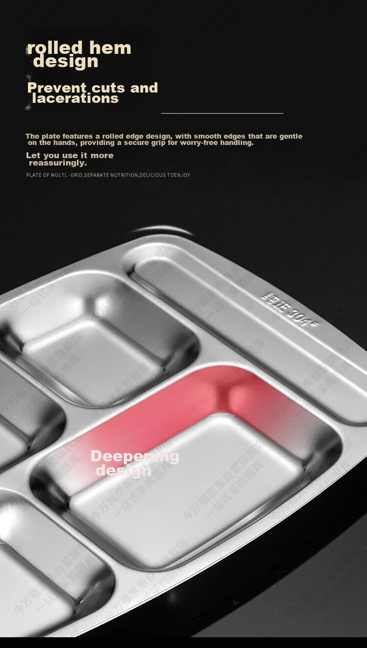 Jinwanfu Stainless Steel Divided Plate, School Canteen Dining Tray, 304 Stainless Steel Compartment Plate, 1.0mm Thick, 450g, Large Six Compartments 12