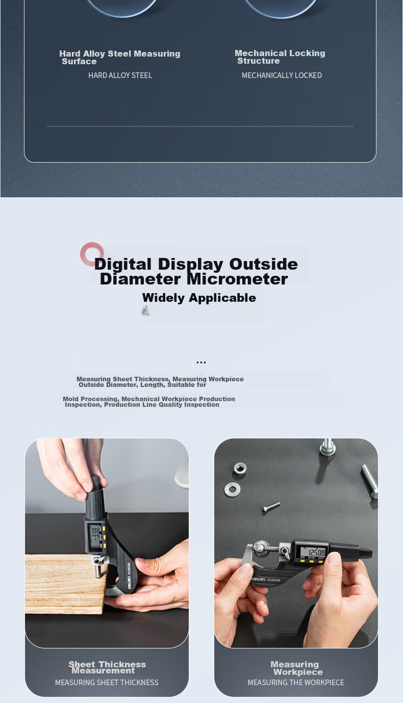 Deli Digital Micrometer with External Diameter Gauge, 0.001mm High-Precision Thickness Gauge, Vernier Caliper 4