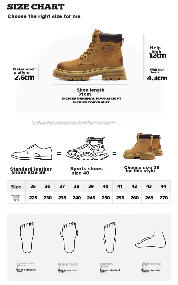 Dickies Men's High-Top Martin Boots, Fashionable Work Boots for Couples, Khaki with Fleece Lining, Size 40 (Unisex) 7
