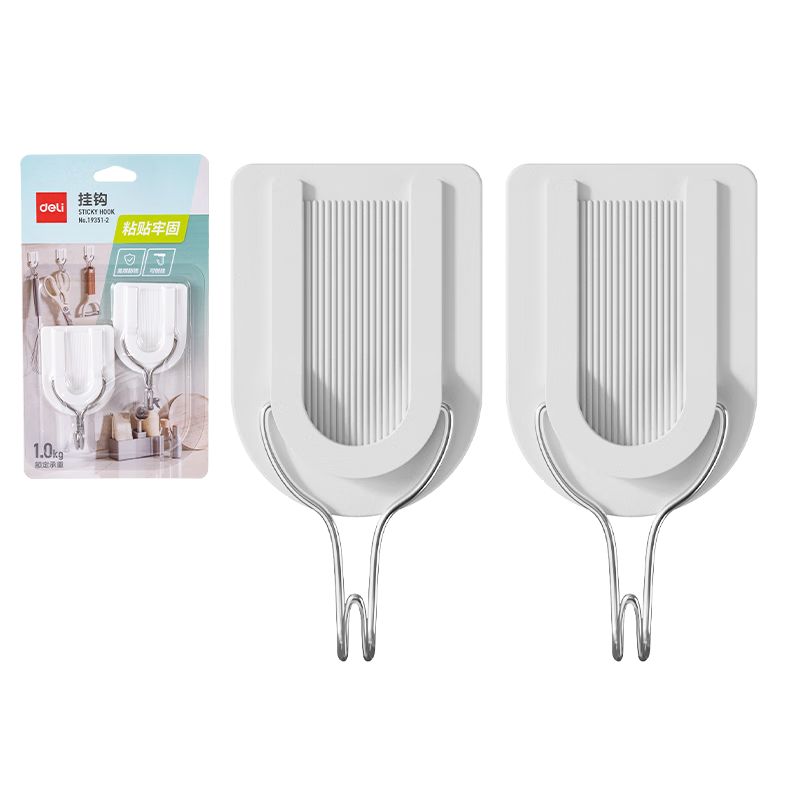 Deli Strong Adhesive Hooks, No Drilling Required, Rust-Resistant, Can Be Hung Upside Down, Bathroom Kitchen Door Back Adhesive Hooks, 2 Pieces, 19351-2
