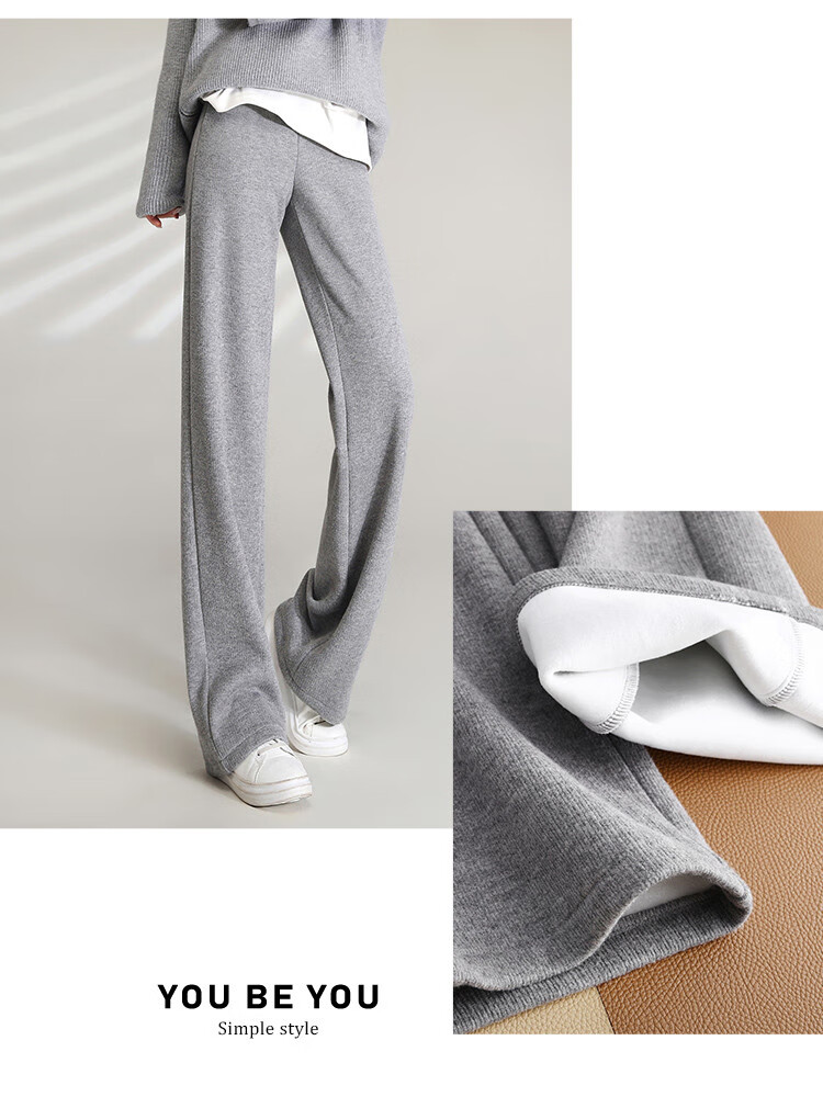 LOUISYAO Women's Winter Simple Solid Color High-Waist Fleece-Lined Thickened Straight-Leg Casual Pants Black 1 M 13