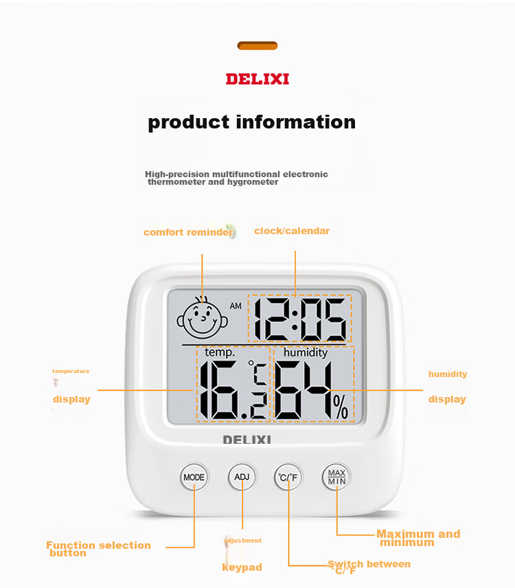 DELIXI ELECTRIC Home Indoor Thermometer with Smiley Face Backlight, Baby Room Electronic Digital Temperature And Humidity Meter, Temperature Gauge DM-1002 12