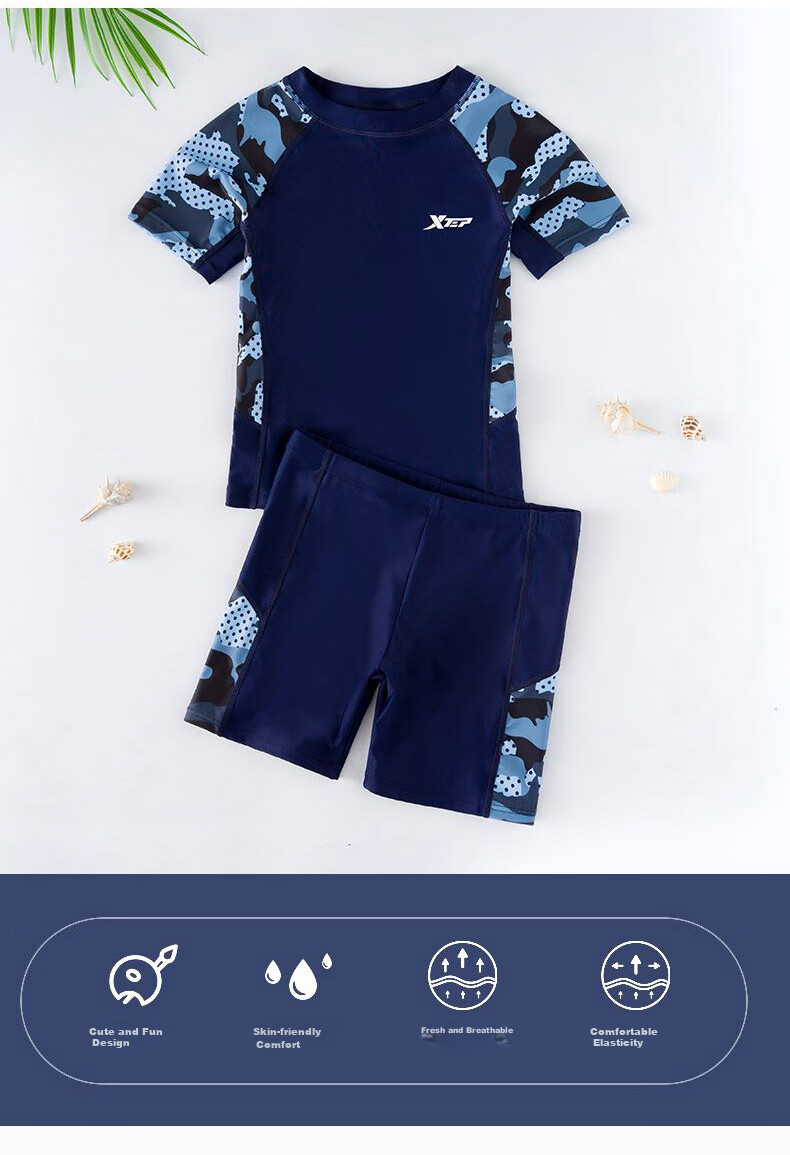 XTEP Children's Swimwear, Boys' Two-Piece Swimsuit, for Toddlers to Older Kids, Sports Swimming Gear, Colorful Blue, Size 130 3