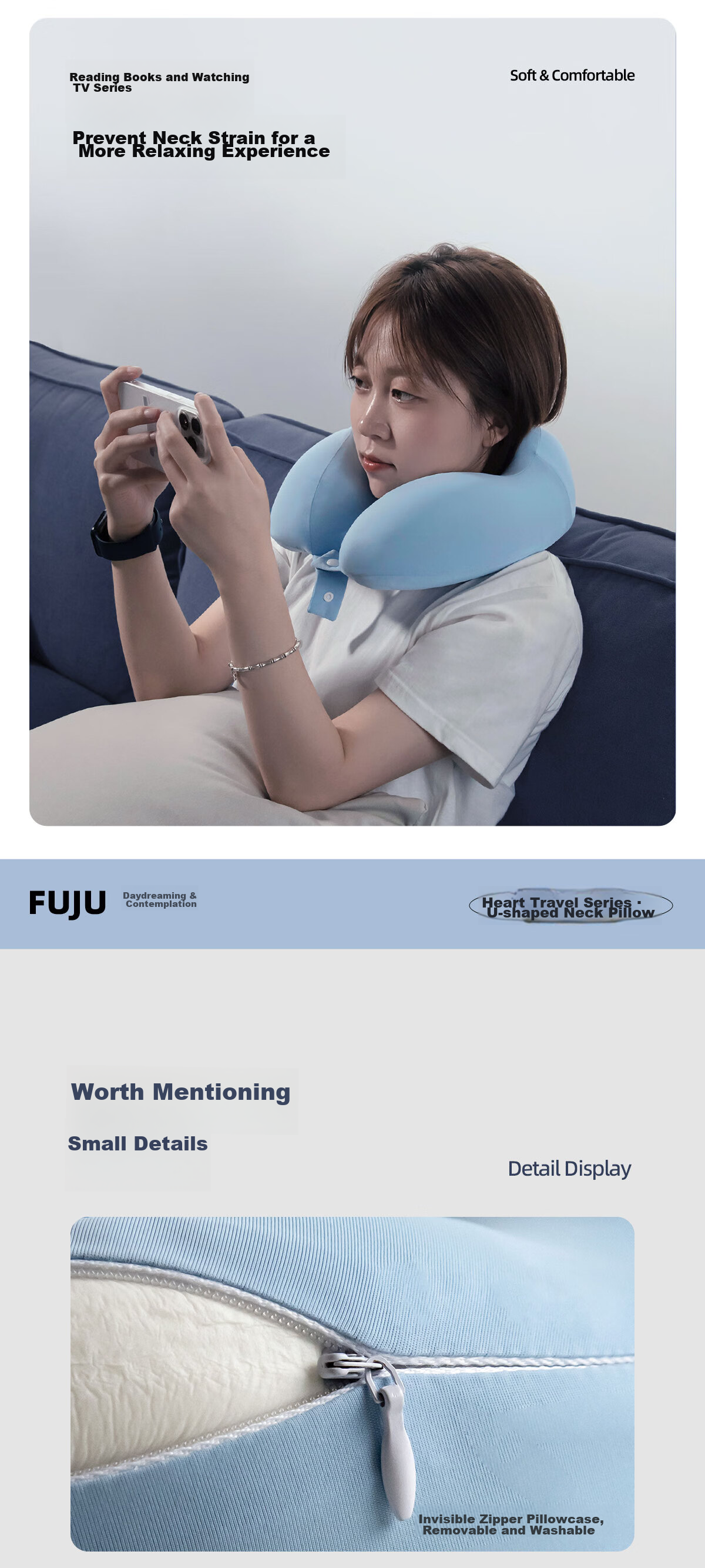 FOOJO Memory Foam U-Shaped Pillow, Portable Neck Support for Travel, Office, Nap, Car And Airplane Use, Sky Blue 6