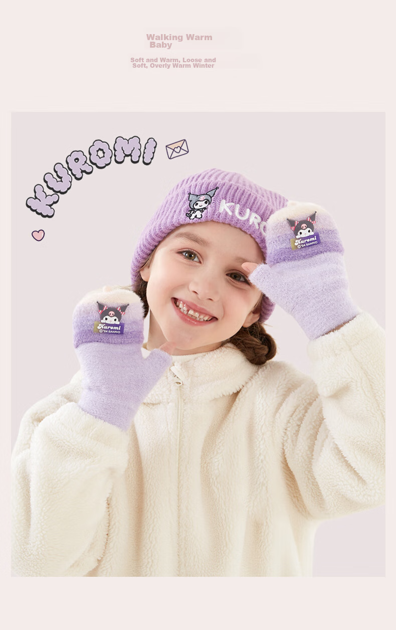 Hello Kitty Children's Winter Warm Knitted Half-Finger Gloves Cute Girls Big Kids Writing 3121D Melody Pink 6