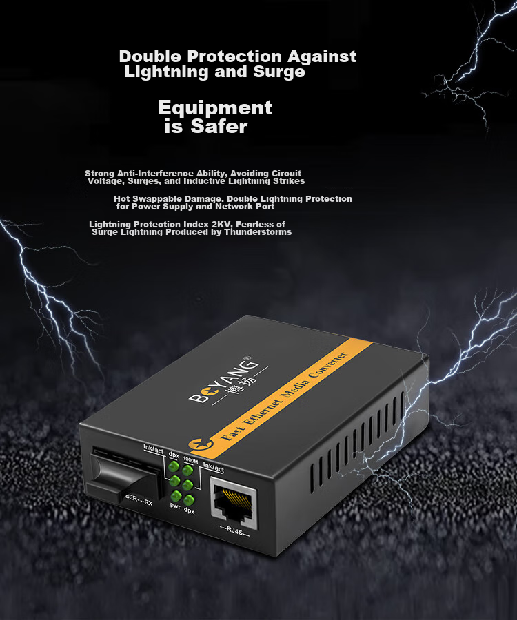 BOYANG Gigabit Single-Mode Fiber Optic Transceiver Pair, Single-Fiber Transceiver, Optical-Electrical Converter, Lightning Protection SC Interface, Built-In Power Supply within 25 Kilometers, BY-NG613A/B 4