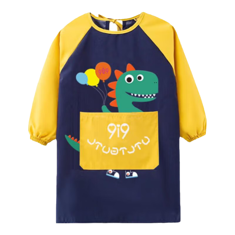 9I9 Baby Eating Smock, Water-Resistant Long-Sleeve, Kindergarten Painting Clothes, Infant Reverse Wear, Anti-Dirt Extended Dinosaur A51