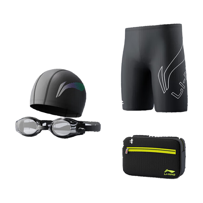 Li-Ning Swimming Trunks, Goggles, Swim Cap, Swim Bag Luxury Set, Men's Swimming Trunks Equipment, 888 Set, Myopia 300 Degrees, Size L
