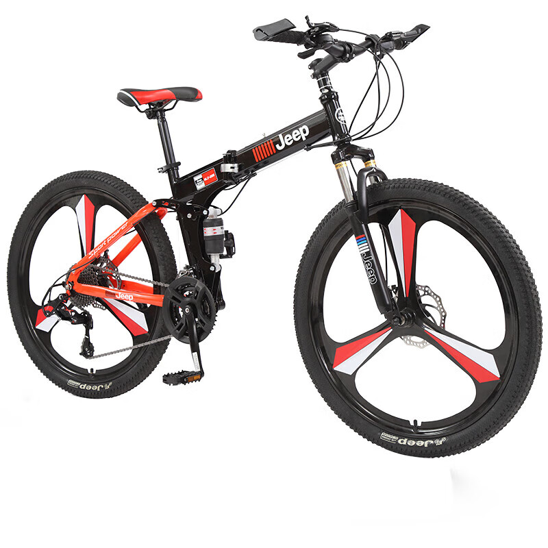 Jeep Folding Mountain Bike, 27-Speed, Dual Shock Absorption, Disc Brakes, Off-Road Gears, Single-Speed Bicycle, Zhanshen Black And Red, Three-Gear Ratio