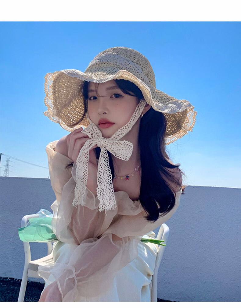 FitonTon Women's Summer Sun Hat Beach Outdoor Straw Hat Korean Style Travel Sun Hat with Tie Hollow Lace Edge Straw Braided Hat 18