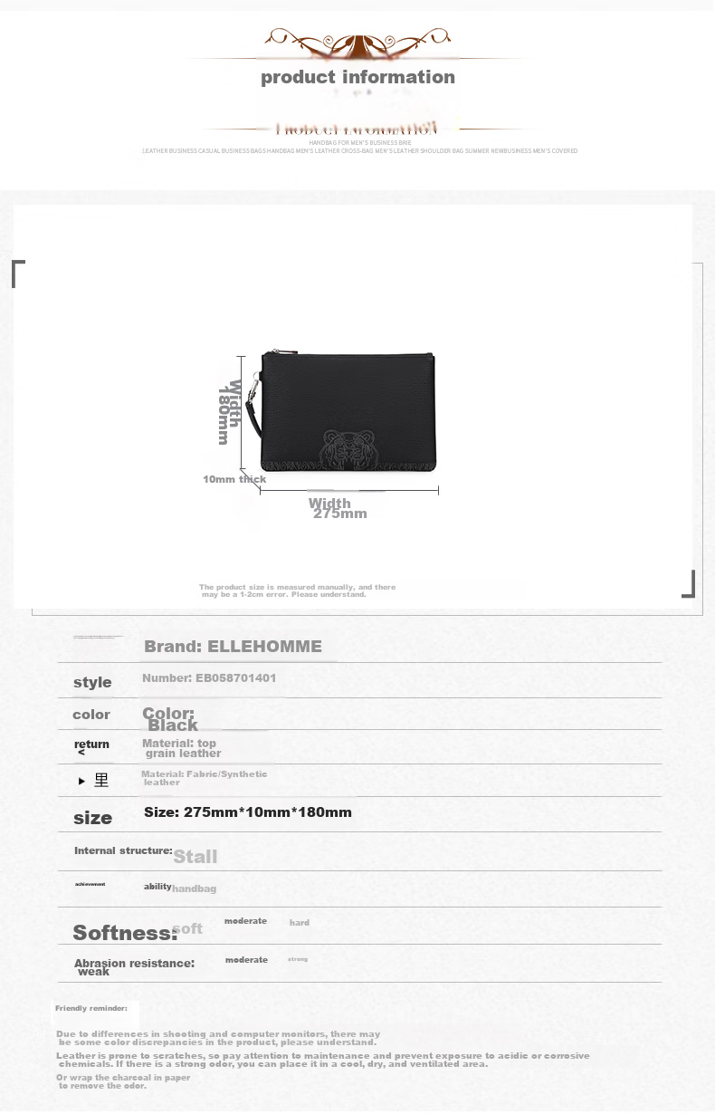 ELLE HOMME Business Boutique Same Style Clutch Bag, Men's Top-Grain Leather Handbag, Tiger Head Embroidery Large Capacity Casual Handbag Envelope Bag EB058701401 Black, Birthday Gift for Boyfriend 7