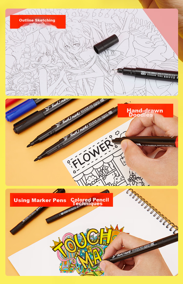 Touch Mark [Super Popular] Dual-Tip Permanent Marker Pen, Black, Waterproof, Quick-Drying, for Children's Drawing And Student Art, 12 Pcs 4