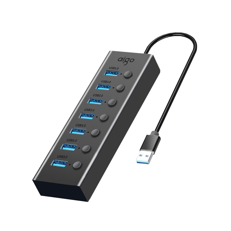 Aigo USB Hub with Seven Ports, Independent Power Supply Expansion Dock, USB Multi-Port 3.0 Expansion Dock, Laptop Converter, USB Extension Cable Adapter H07 (Metal)