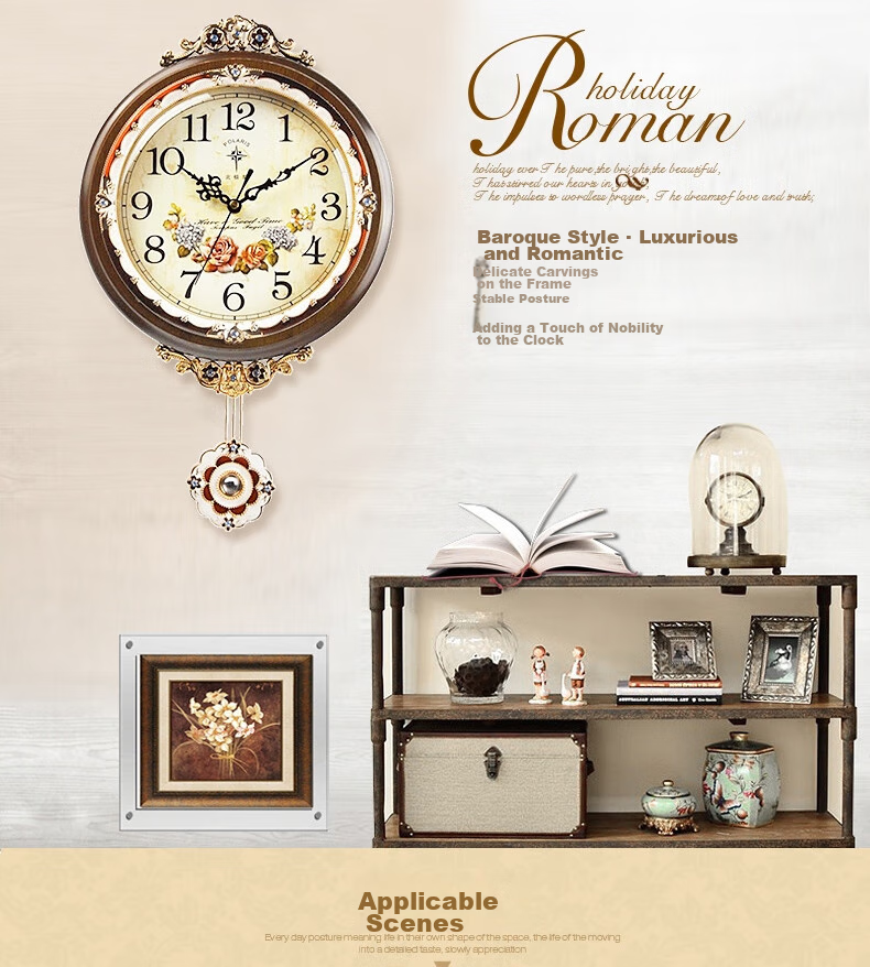 POLARIS Wall Clock, Creative And Stylish, European-Style Pastoral Antique Living Room Quartz Clock, Solid Wood Timepiece, 12-Inch Wall Clock 5