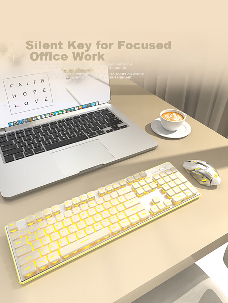 EWEADN X7S Wireless Keyboard And Mouse Combo, 108-Key Office Keyboard, Low-Profile Keyboard for Office, E-Sports Gaming, Universal for Desktop And Laptop Computers, Rechargeable Keyboard, White with Yellow Light 2