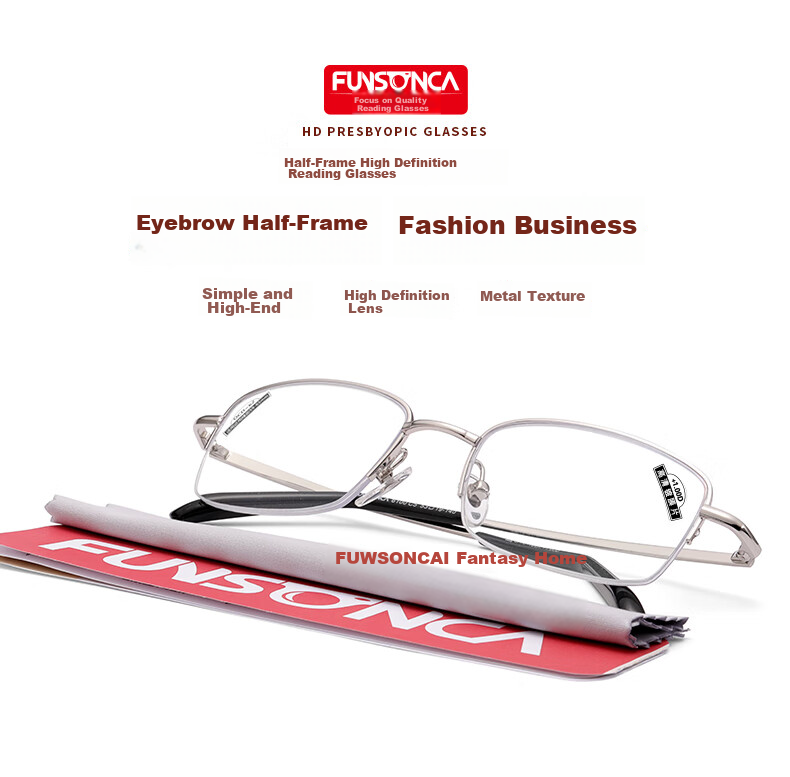 Funsonca High-Definition Green Film Semi-Rimless Metal Reading Glasses for Men And Women, Business-Style Durable Comfortable Fashion Classic Style 100 Degrees 1