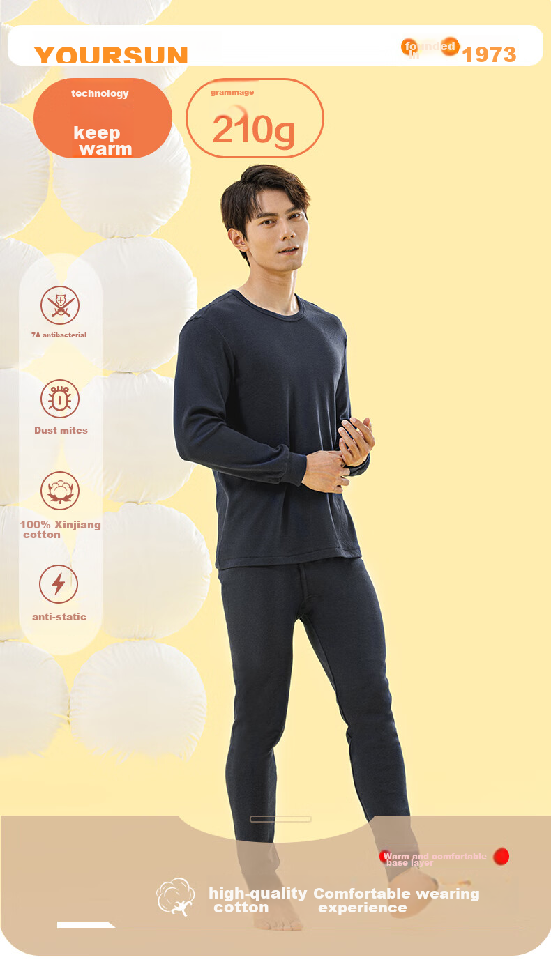 Yiershuang [10A Antibacterial And Anti-Mite] 100% Pure Cotton Thermal Underwear Set for Men, Autumn Top And Pants, Round Neck All-Cotton Sweater 2