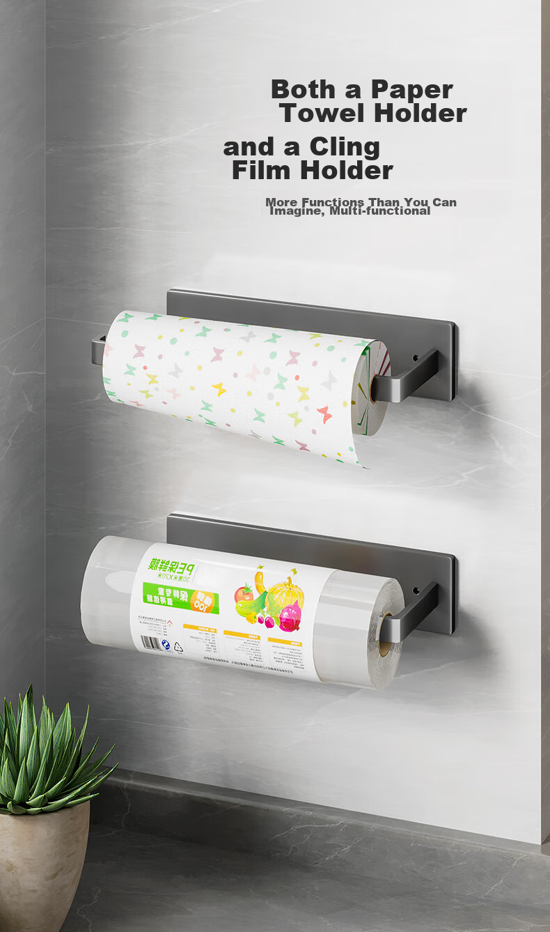 Huxiansen Kitchen Paper Towel Holder, No Drilling Required, Cabinet Roll Paper Rack, Storage Shelf, Kitchen Paper Towels, Plastic Wrap, Cloth Storage Organizer, Hanging Rack 4