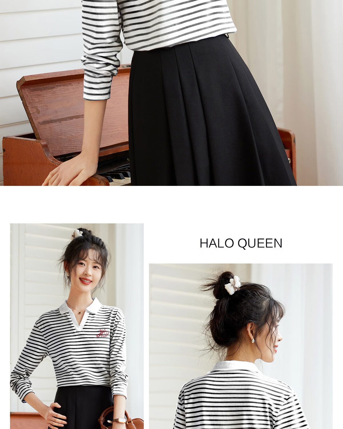 Halo Queen Long-Sleeve T-Shirt for Women, Spring And Autumn Round Neck, Heart Embroidery Striped Base Shirt, Casual Fashion Top, New Product H143T2005 64