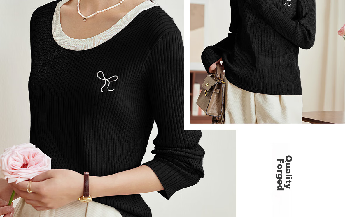 PinCai Women's Knit Sweater, Early Autumn Round Neck Bow Embroidery Knit Top, Slim-Fit Base Layer Sweater P143Z3009 42