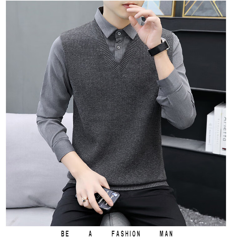 JEEP SPIRIT Men's Sweater Shirt Collar Autumn Winter Knitted Fake Two-Piece Casual Loose Trendy Jacket 3