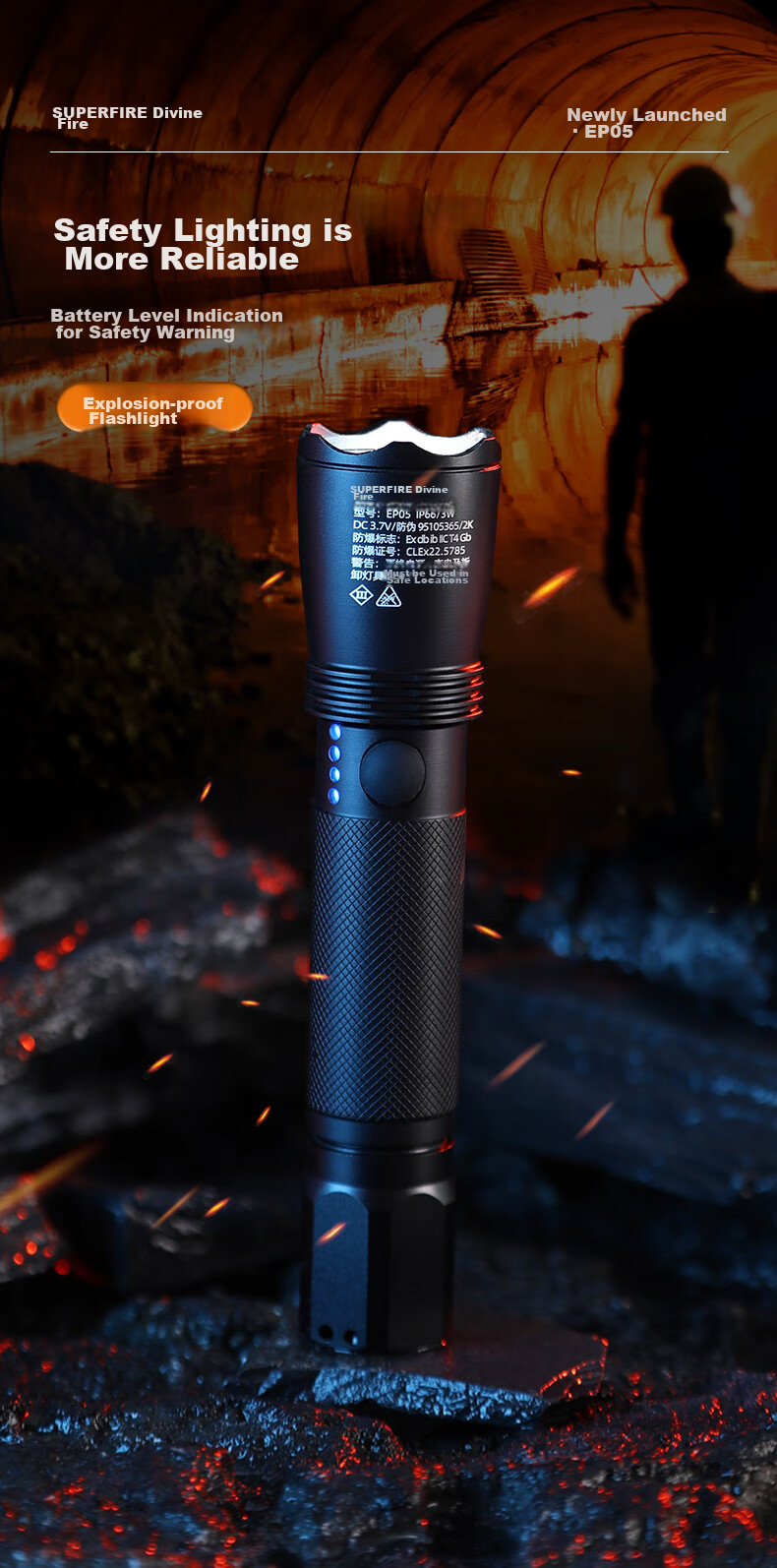 SupFire EP05 Industrial Explosion-Proof High-Intensity Flashlight LED Rechargeable Ultra-Bright Long-Range with Explosion-Proof Certificate for Construction Sites, Miners, And Firefighters 3W High-Power Ultra-Long Battery Life 8 Hours 2