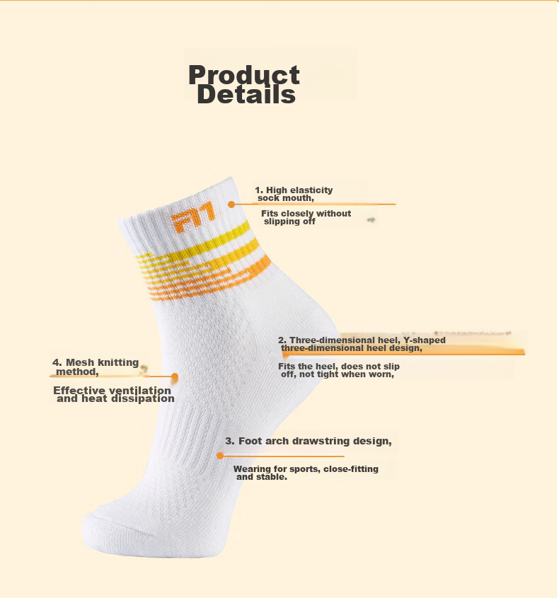 Taan Badminton Socks with Thick Terry Bottom, Sweat-Absorbing And Breathable Sports Socks, Mid-Calf Women's Socks T178, White And Orange Color, 3 Pairs Per Pack 2