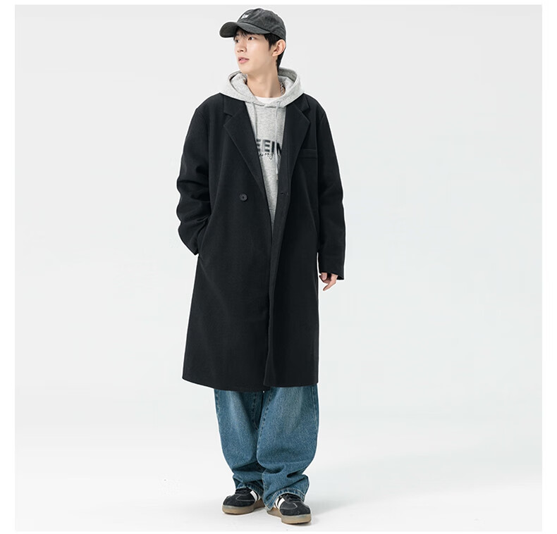 Dingfengbaoluo Men's Woolen Coat Autumn Winter Mid-Length Korean Style High-Quality Loose Over-the-Knee Wool Trench Coat HT88 Black 5XL 10