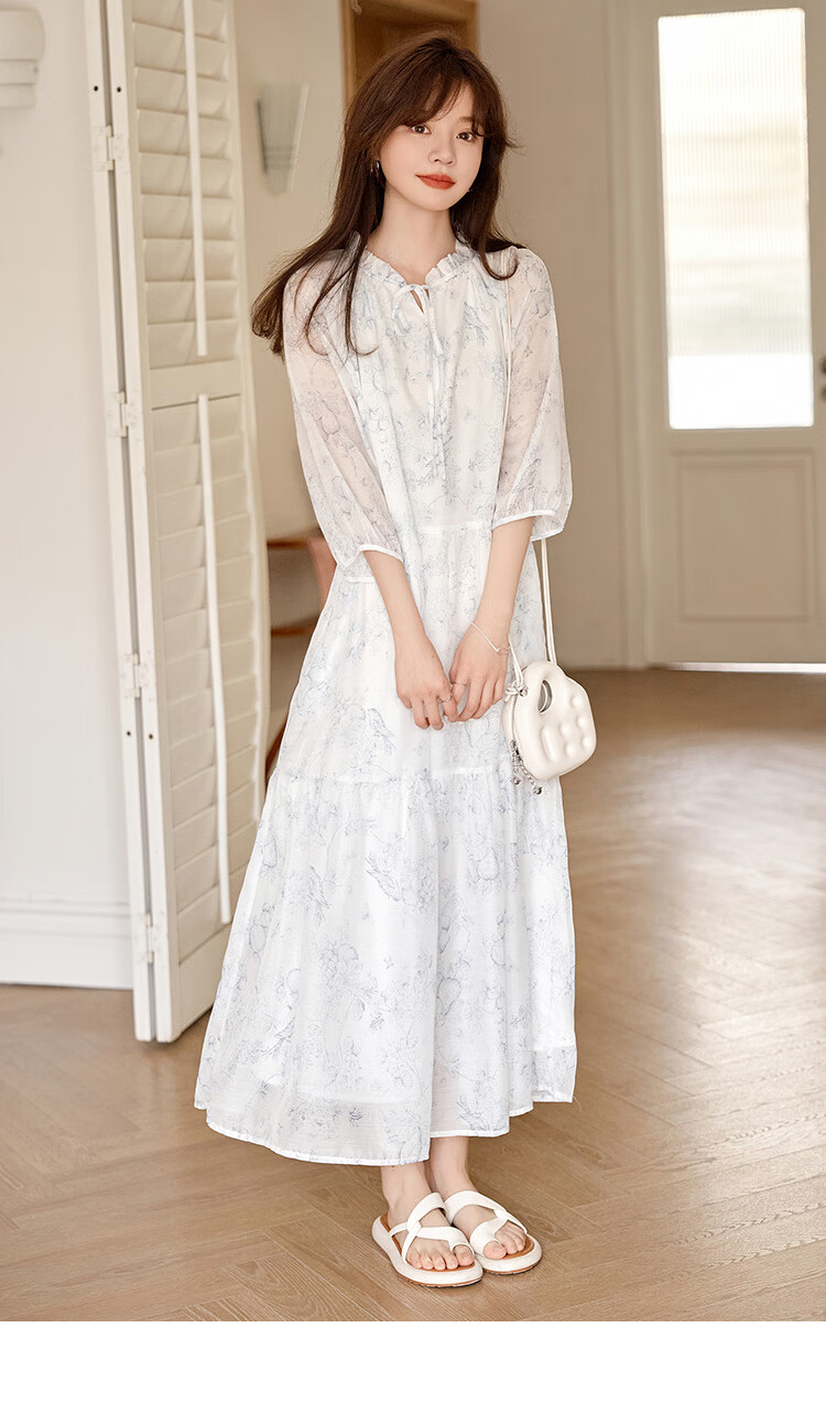 Dme Floral Print Pleated Dress Summer Fresh Three-Quarter Sleeve Long Dress, Floral Print, Size L 12