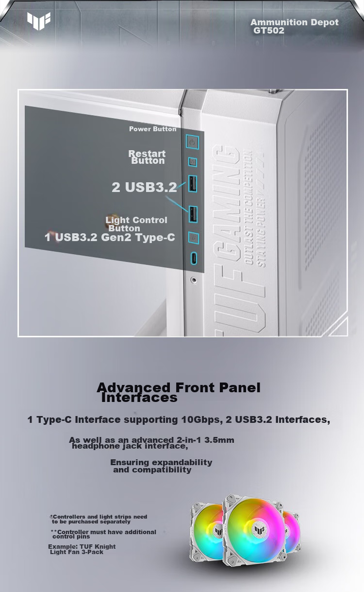 ASUS TUF GAMING GT502 White Arsenal Case, White Cables, Dual-Chamber Design, Tool-Free Disassembly, White Seaside View, Innovative Cooling, GPU Bracket 10