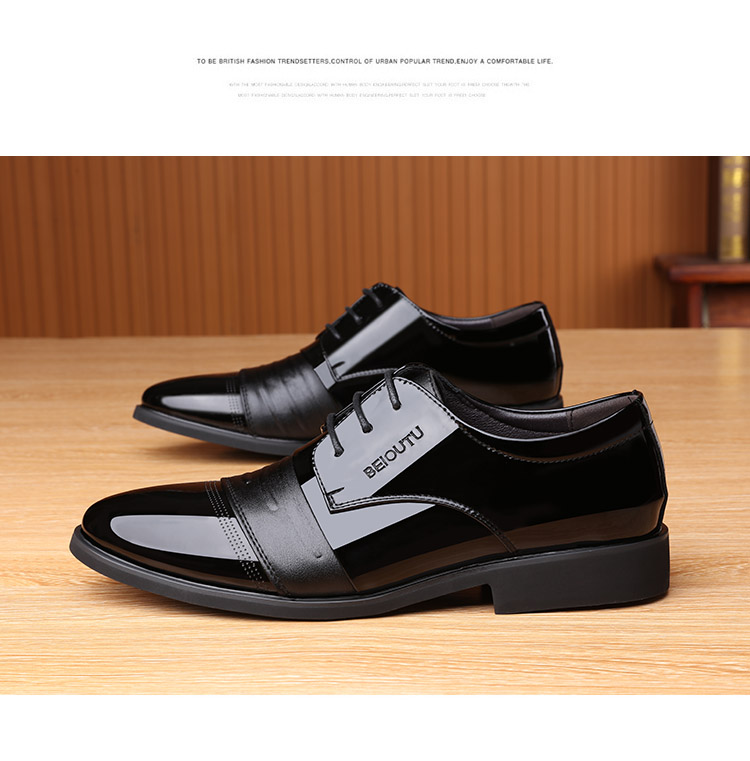 BEIOUTU Leather Shoes for Men, Business Formal Shoes, British Style Low-Cut Lace-Up Patent Leather Wedding Shoes, 2813 Black, Size 42 9