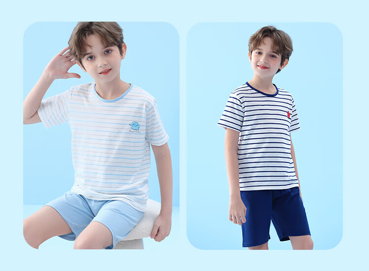 LangSha Children's Pajamas for Boys, Summer Thin Style, Youth Short-Sleeve Shorts, Student Pure Cotton Home Wear Set, Size 160 10