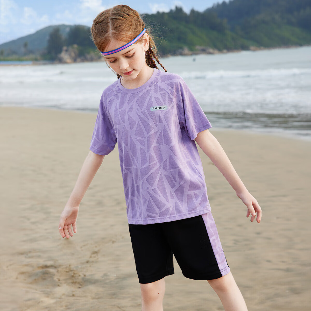 ASK JUNIOR Girls' Set, Summer 2025 Thin Short-Sleeve T-Shirt, Children's Shorts, Quick-Dry Running Outfit, Purple, Size 120