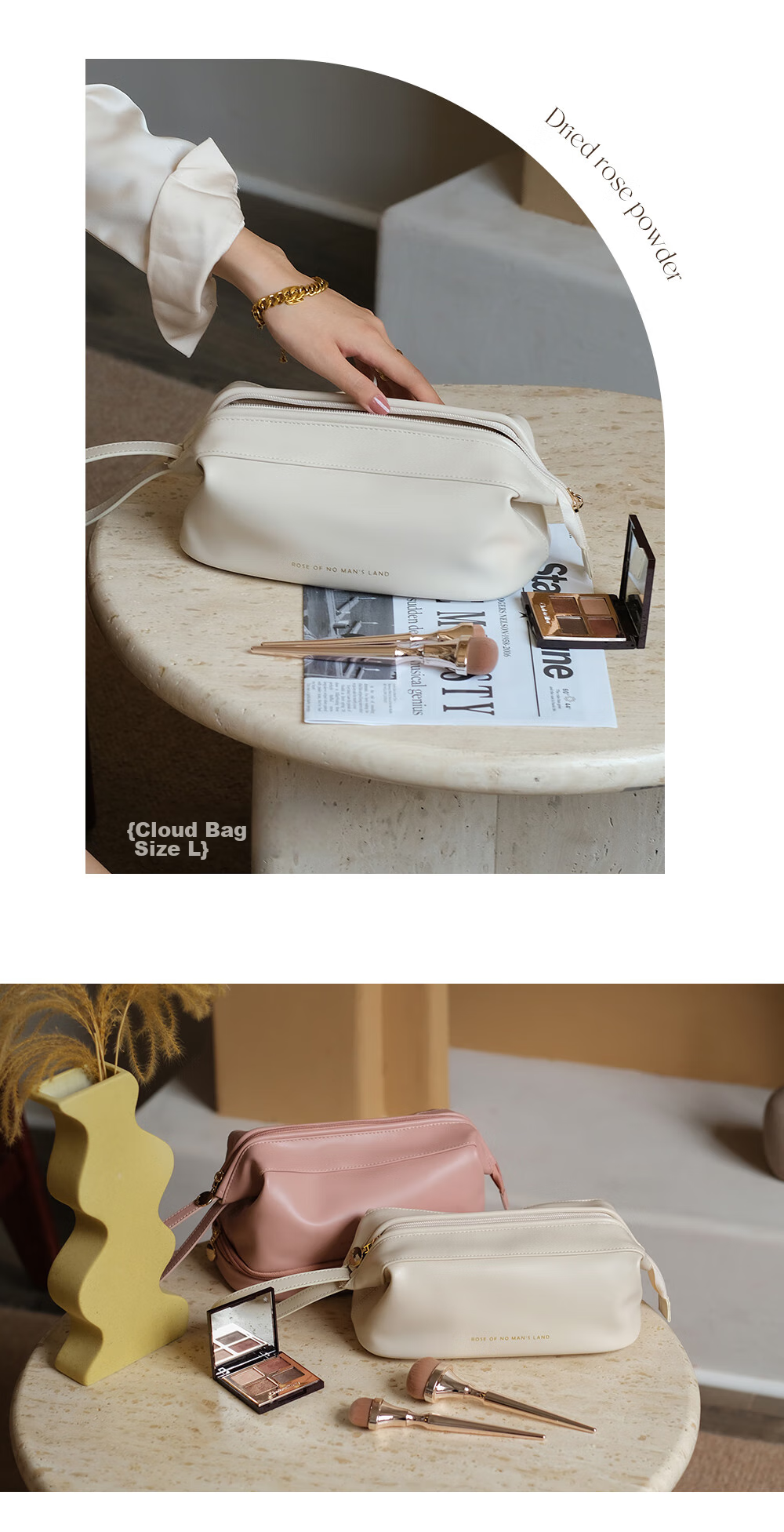 EACHY Large Capacity Portable Makeup Bag for Women, High-End Instagram Trendy Travel Toiletry Organizer Bag - Milk Apricot White XL 3