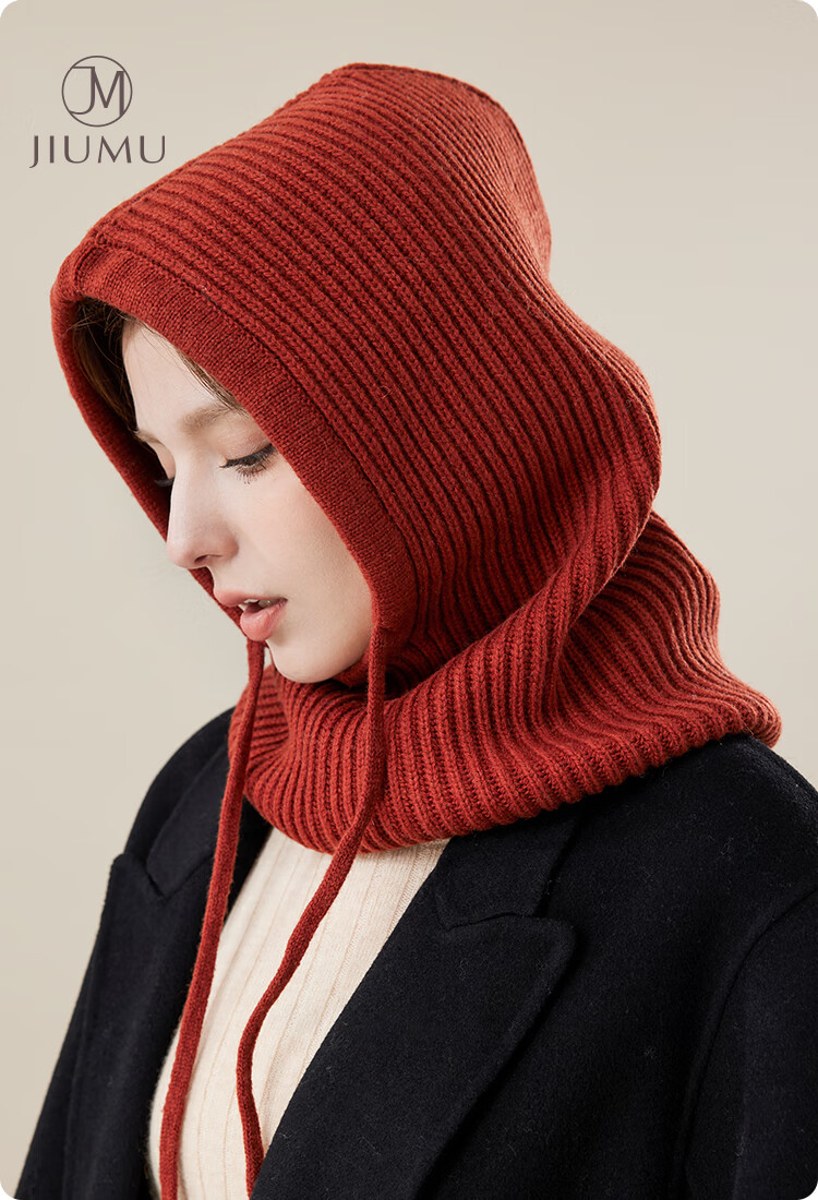 JIUMU Pure Wool Warm Knit Hat for Women, Autumn And Winter Balaklava Knitted Cap, Cold-Proof Hood with Integrated Neck Warmer 1