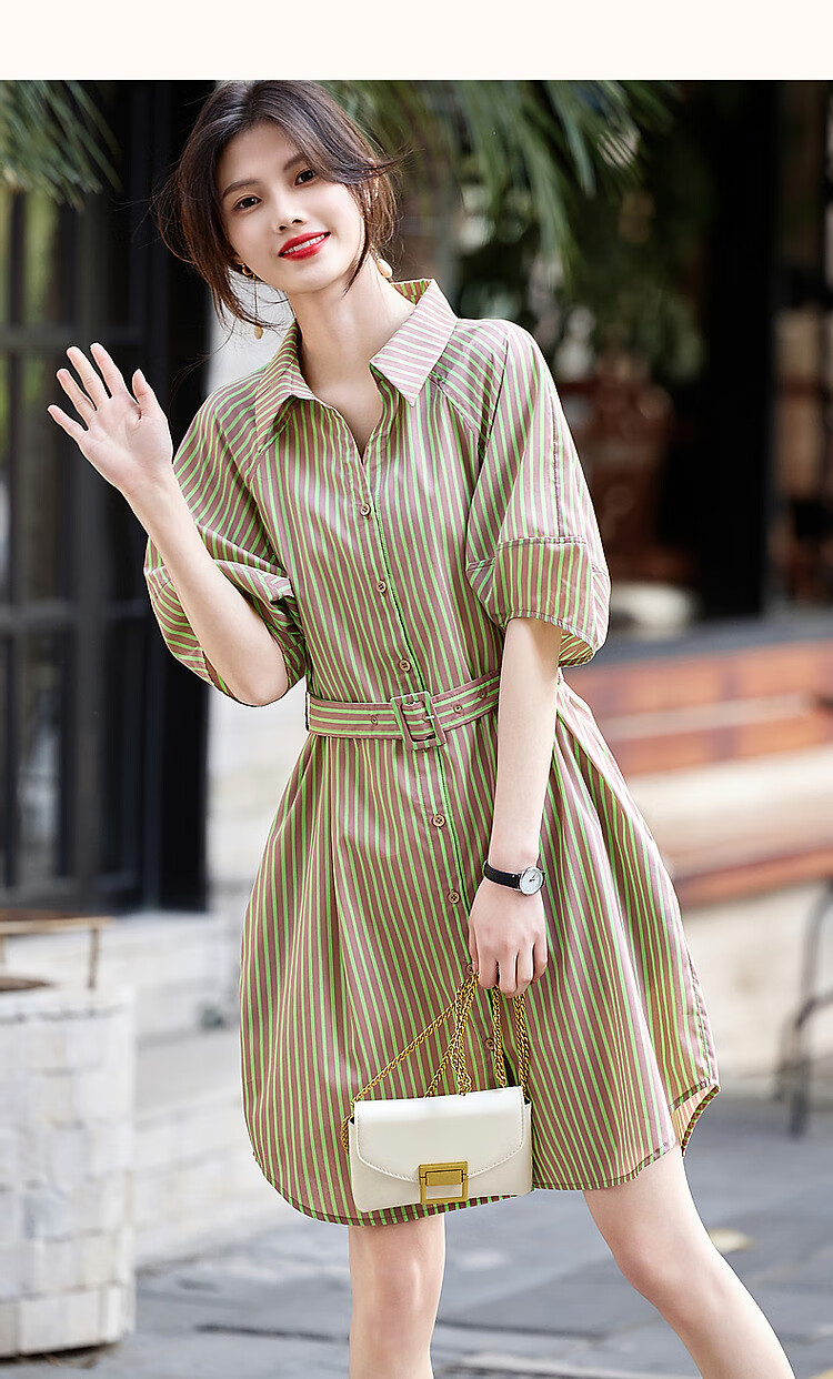 Dme [Tiansitongqin Piece] Summer French Simple Style Ceiling Lyocell Shirt Dress, Striped Waist Belt Dress 11