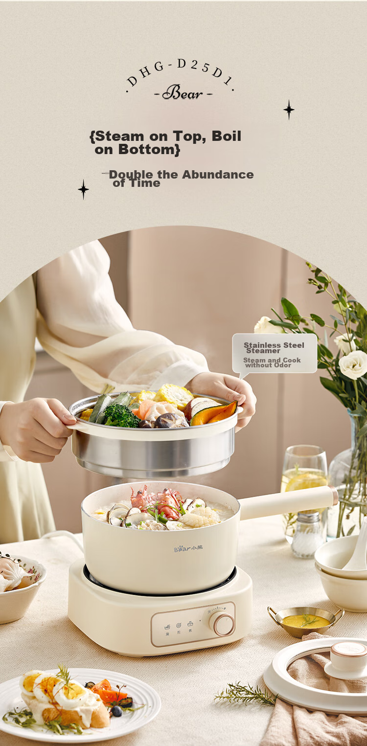 Bear Split Electric Cooking Pot, for 1-2 People, Dorm Small Electric Cooker, Can Boil Rice, Multifunctional Noodle Pot, 0 Coating Stainless Steel Household 1.7L with Steamer M17B3 5