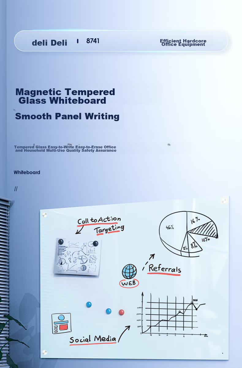 Deli Glass Whiteboard, 200*100cm Hanging Board, Magnetic Tempered Hanging Board, Glass Whiteboard, Office Home Meeting Writing Board Blackboard, Whiteboard 8741 1