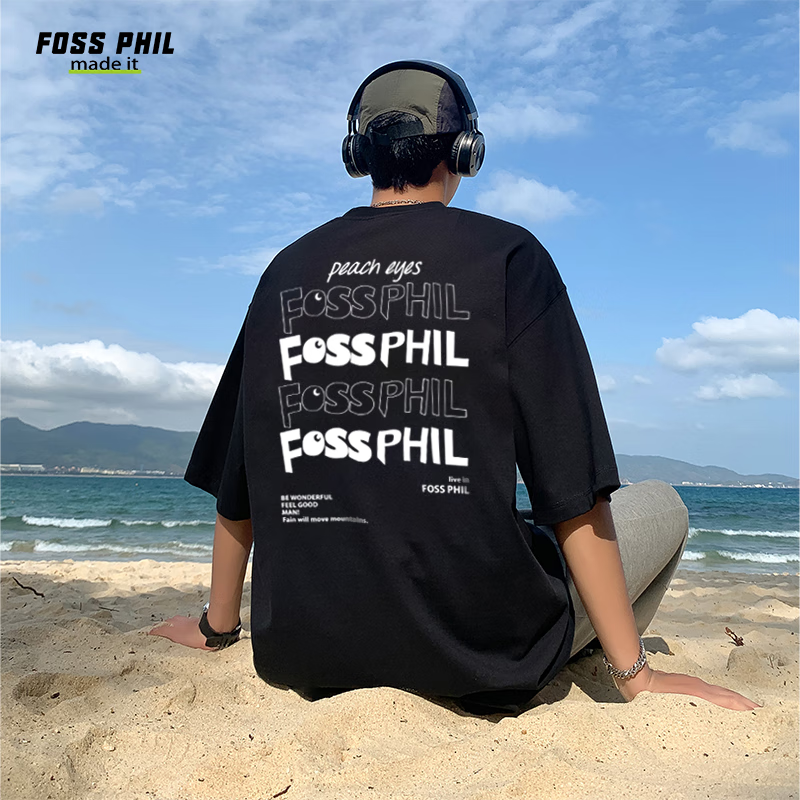 Foss Phil Short-Sleeve T-Shirt for Men And Women, Summer Loose Pure Cotton Casual Trendy Printed Undershirt Top F0016 Black L