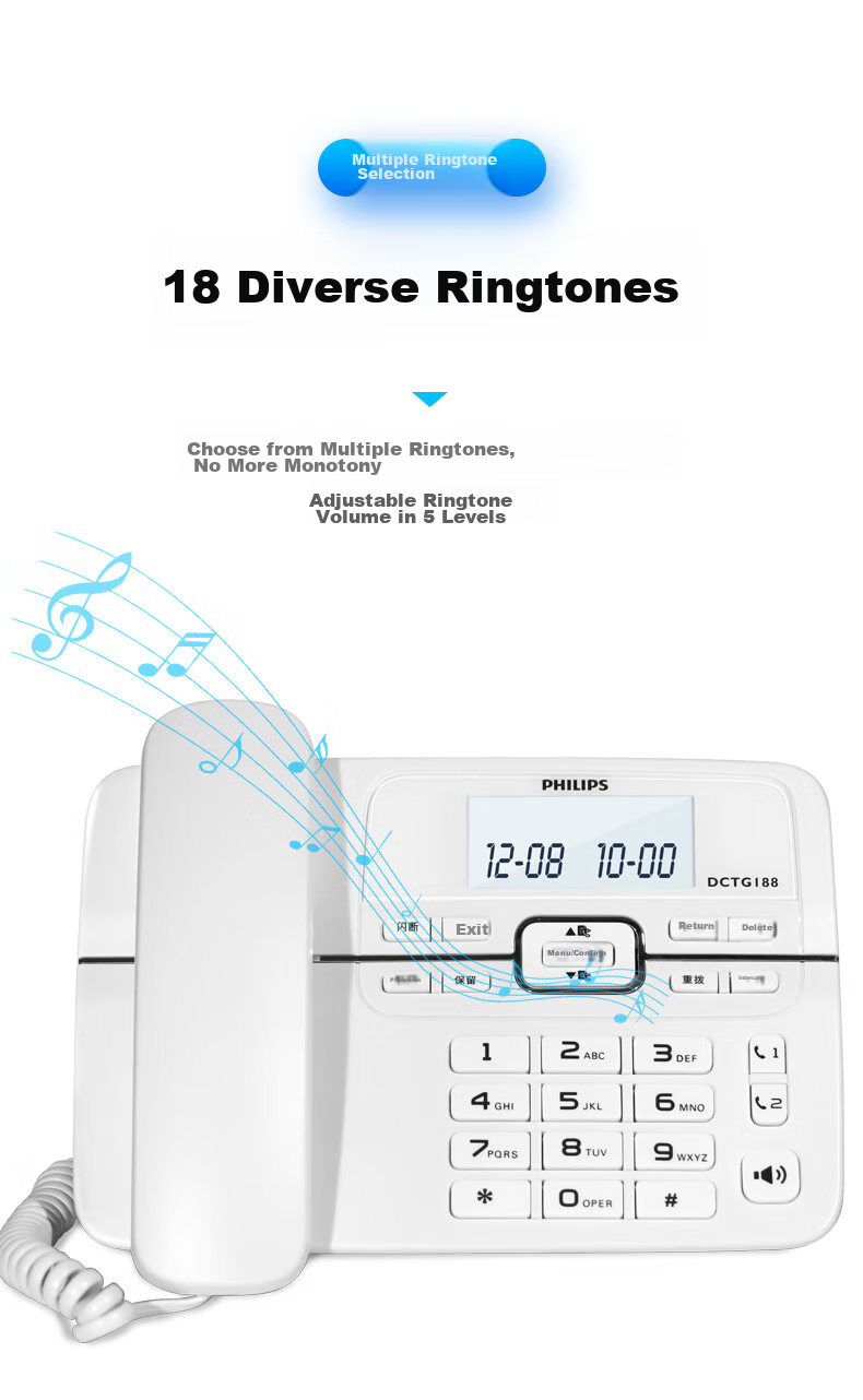 PHILIPS Digital Cordless Telephone Office And Home Landline Phone with Extension Handset, Hands-Free/One-Touch Dialing/DCTG188 Two-Line (Black) 6