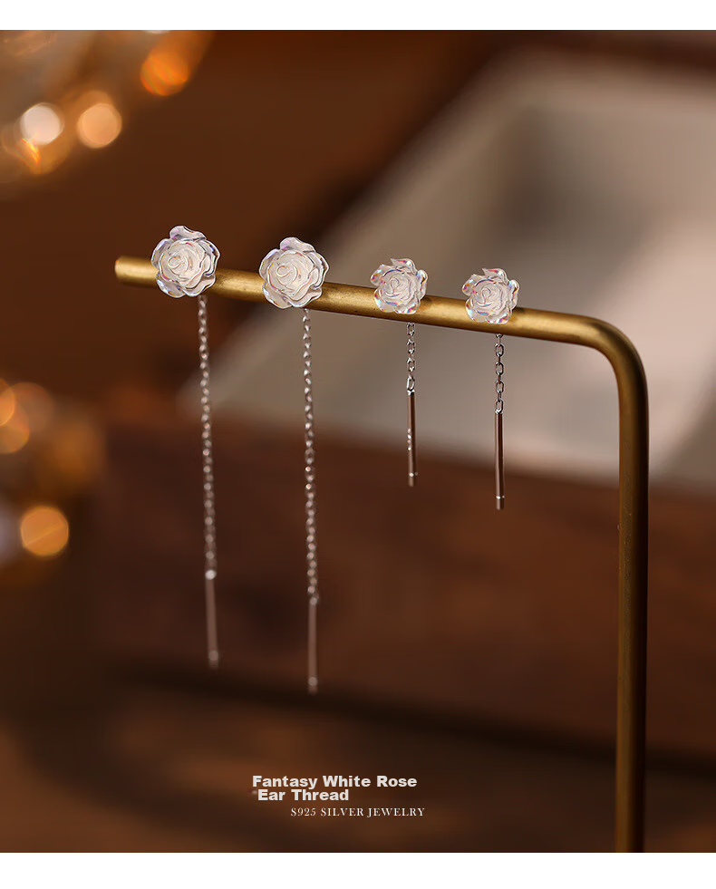 Dijing Iridescent Rose Earrings for Women, Silver Studs with Elegant Long Tassel Earrings, Birthday Gift for Girlfriend 1