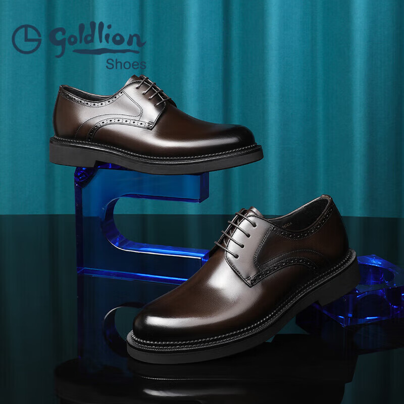 Goldlion Men's Shoes, Business Formal Leather Shoes, Banquet Wedding Shoes, Color-Blocking Craftsmanship, Retro Derby Shoes G521330064CCA Brown Size 37