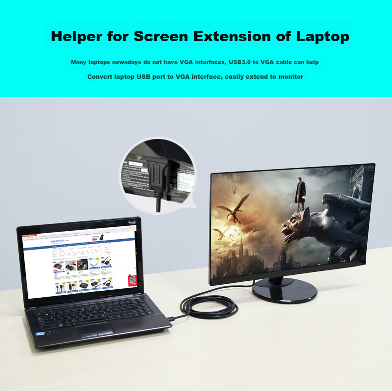 LinkStone USB to VGA Converter Cable, Screen Mirroring Cable, Laptop High-Definition Adapter Screen Casting Cable, Projector Connector, Monitor Interface TV Expansion Screen Mirroring Video Converter 4