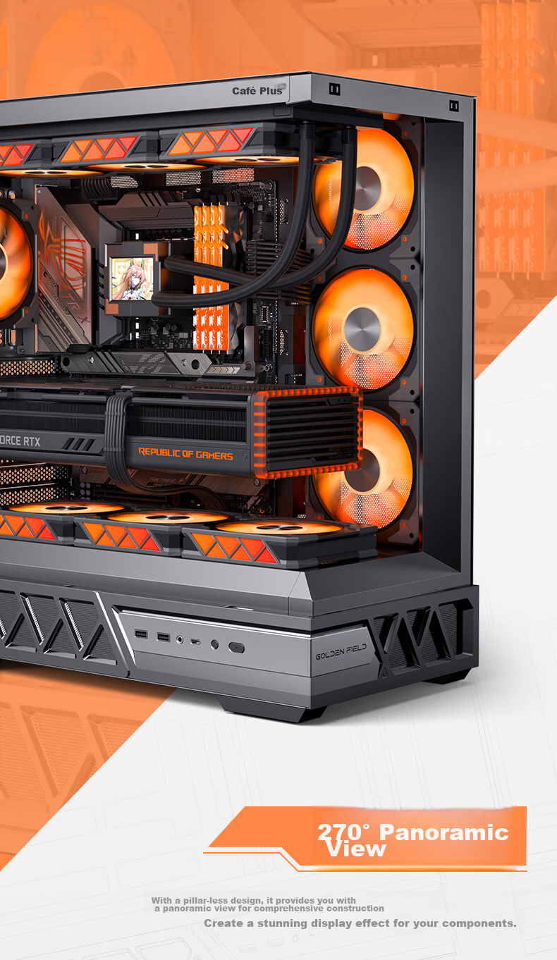 Golden Field Parallel World Black Gaming Computer Desktop Case Compatible with Dual 360mm Water Cooling ATX Motherboard Three-Sided Quick Release Supports Back Mounting 270° Panoramic View 5