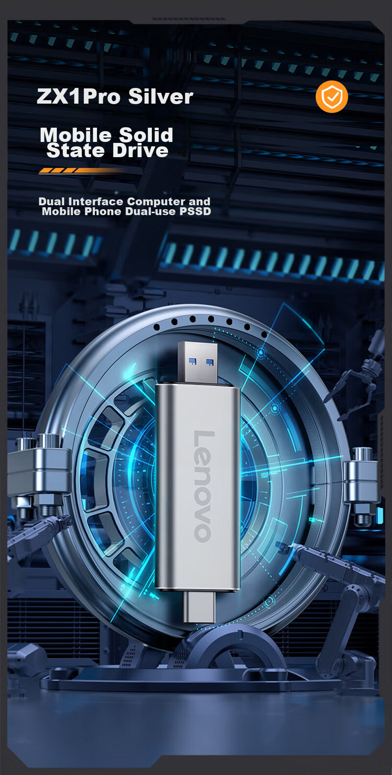 Lenovo 256GB Portable Solid State Drive (PSSD), Type-C USB3.1 Dual Interface, Direct Phone Connection, ZX1Pro Series, Silver 1