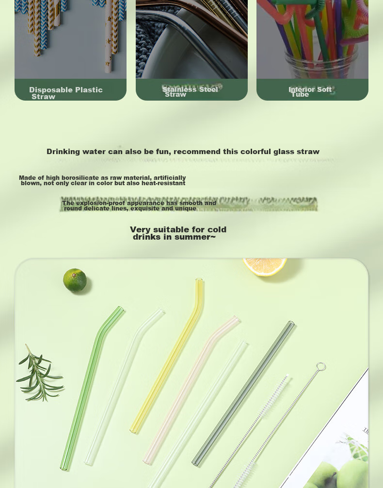 BJ High Borosilicate Glass Straw, Heat-Resistant Transparent Water Cup Straw, Non-Disposable Milk Tea Straw, Straw Set 3